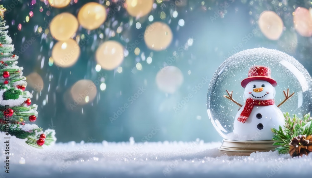 Aufkleber festive snow globe with a smiling snowman in a red hat and scarf, surrounded by a snowy miniature fo