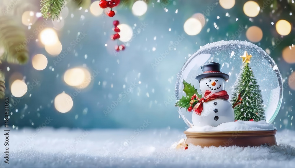 Aufkleber festive snow globe with a smiling snowman in a red hat and scarf, surrounded by a snowy miniature fo