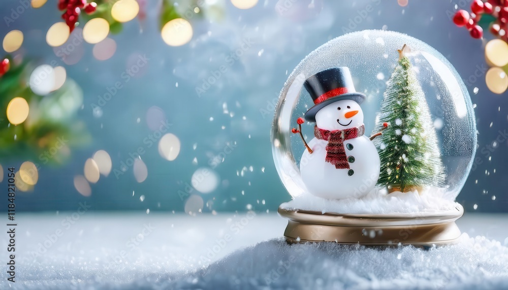 Aufkleber festive snow globe with a smiling snowman in a red hat and scarf, surrounded by a snowy miniature fo