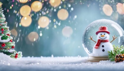 festive snow globe with a smiling snowman in a red hat and scarf, surrounded by a snowy miniature forest, holly decoration, and bokeh lights for winter holiday themes and creative projects