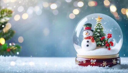Obraz premium festive snow globe with a smiling snowman in a red hat and scarf, surrounded by a snowy miniature forest, holly decoration, and bokeh lights for winter holiday themes and creative projects