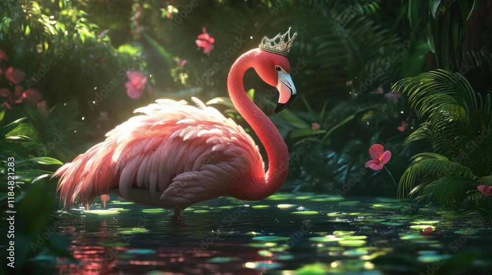 Poster flamingo wears a sparkling tiara and elegant dress while standing gracefully by a tropical pond surr