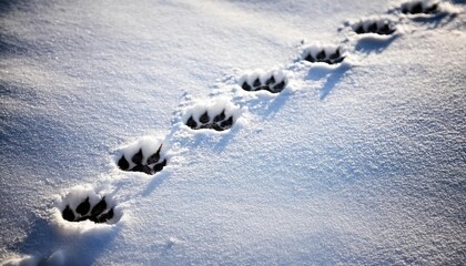 animal paw print trail in pristine white snow, detailed textured footprints in winter sunlight, perfect for wildlife tracking and nature art

