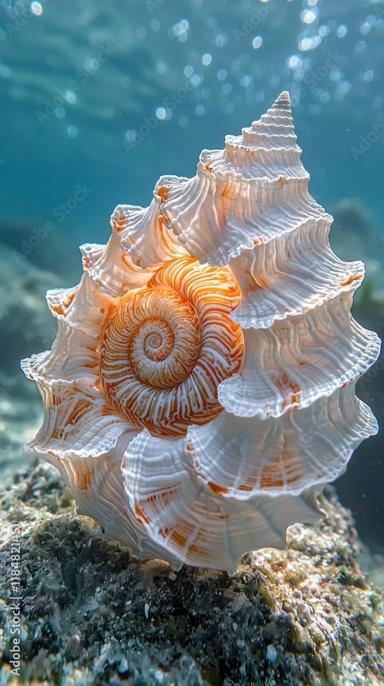 Poster beneath the shimmering surface of crystal-clear water, a breathtaking spiral shell rests on the ocea