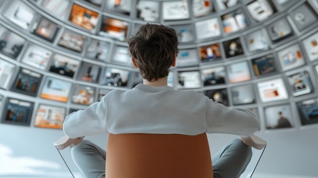 E-sports thrives on professional gaming and training. Person seated with a view of numerous digital media displays.