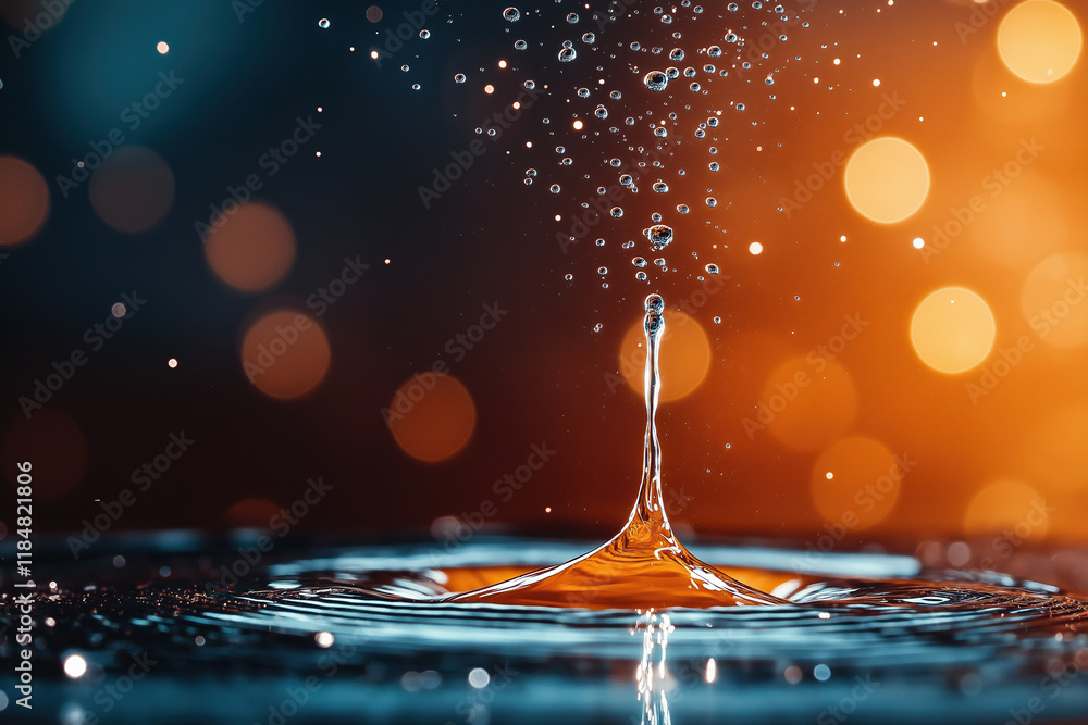 Aufkleber water drop creates splashes with colorful bokeh in the background at night