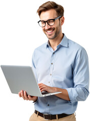 Businessman Holding Laptop, Smiling While Engaging with Media and Sharing Content Online, PNG format