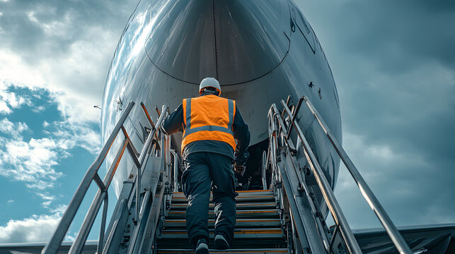 A technician in a reflective vest climbing a mobile staircase to inspect the nose of an airplane.