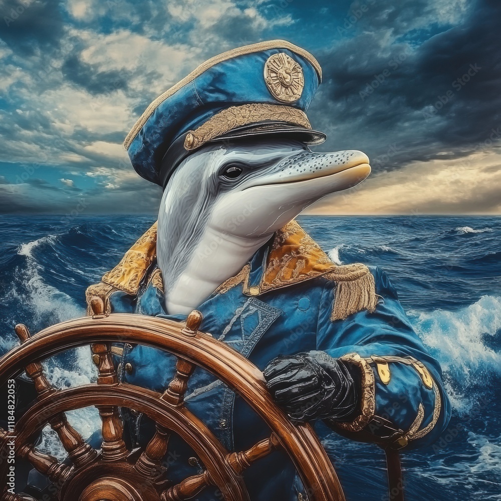 Poster dolphin dressed in ship captain uniform navigating ocean waters at sunset with ships wheel in hand. 