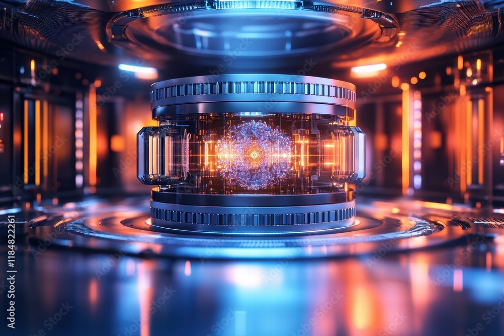 Poster conceptual representation of a quantum computer showcasing advanced technology and design elements