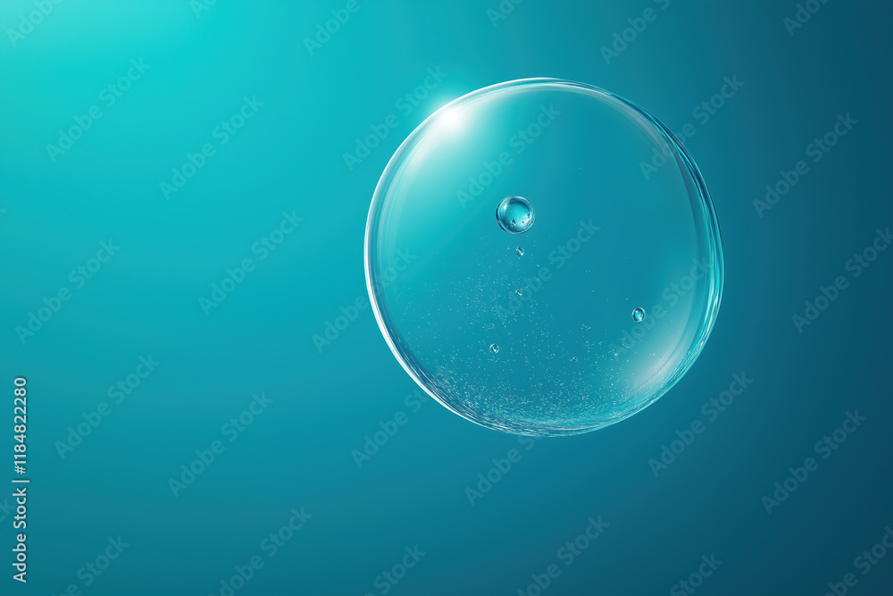 Poster bubble floating in blue water with soft light reflections around it