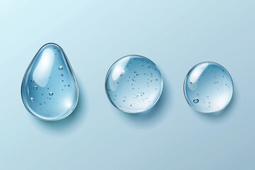 Different sizes of clear water droplets on a smooth blue surface