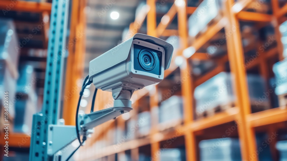 Poster security camera in warehouse setting with motion blur