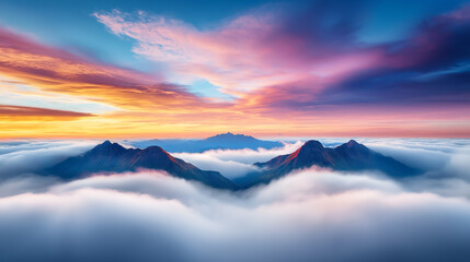 Obraz premium Fog envelops serene valleys at sunrise while vibrant colors illuminate the sky and mountains are silhouetted against the clouds