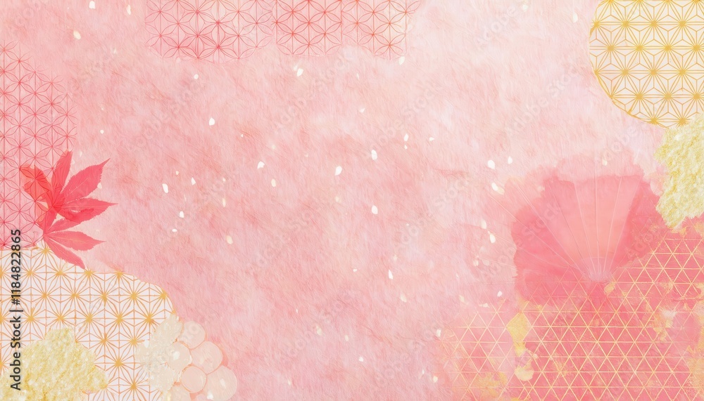 Poster soft pink floral background with golden japanese patterns and abstract design elements, perfect for 