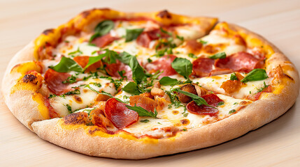 Gourmet pizza close-up featuring fresh ingredients and a golden crust, ideal for food lovers and culinary enthusiasts