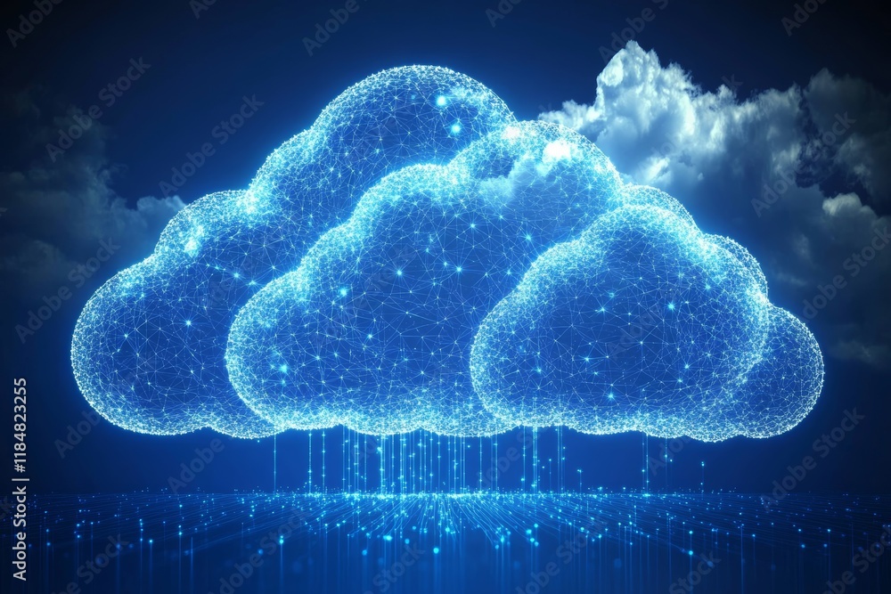 Poster digital clouds with data points and network connections.