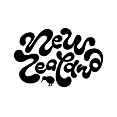 New Zealand lettering sign, handwritten calligraphic logo, cartoon label for sticker, t-shirt, banner, decoration