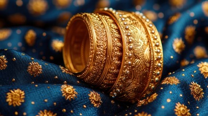 Gold bangles on blue silk, ornate detail, jewelry ad