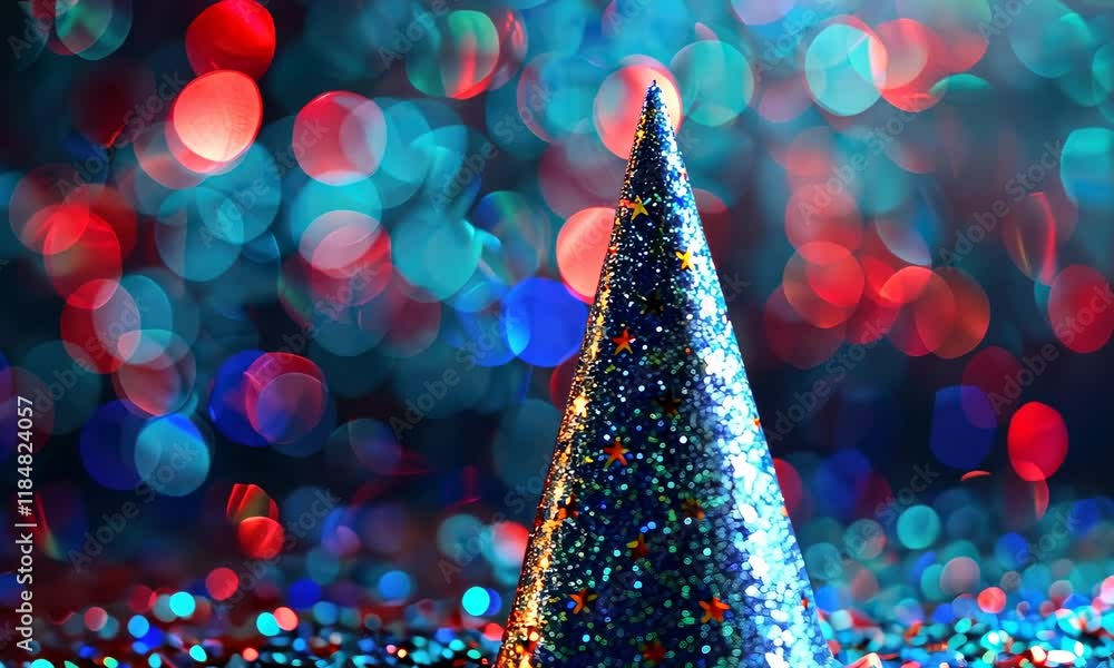 Poster sparkly party hat with blurred bokeh lights background