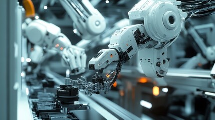 Fototapeta premium Mechanical arms performing tasks on an assembly line within a futuristic factory setting, showcasing automation and advanced manufacturing processes