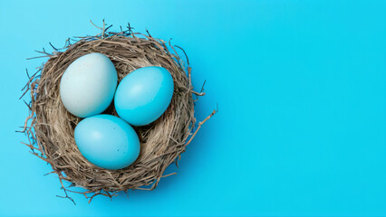 blue easter eggs in a nest on a blue background