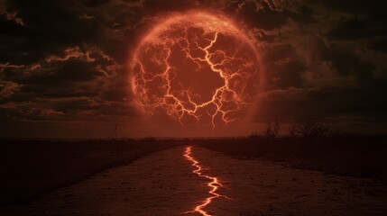 A dramatic scene showcasing a fiery red sun surrounded by dark clouds, with a glowing path reflecting its brightness.