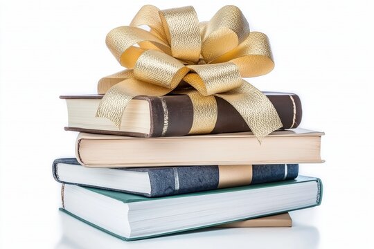 Stacked books elegantly wrapped with a golden bow creating a perfect gift on a white background - Powered by Adobe