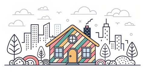 cute house doodle art illustration with city landscape background