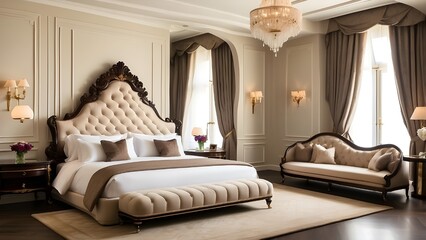 Luxury Hotel Room Interior with Elegant Furnishings, Plush Bedding, and Sophisticated Decor, Creating a Comfortable and Opulent Atmosphere