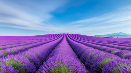 Obraz premium Lavender fields stretch endlessly under a bright blue sky in a serene landscape