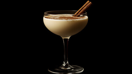 A wide-rimmed wine glass with a creamy eggnog cocktail sprinkled with cinnamon and topped with a cinnamon stick.