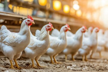 Fototapeta premium Rows of healthy white chickens in a bright modern poultry facility with natural lighting