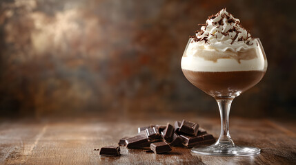 A wide wine glass filled with a creamy Irish coffee topped with whipped cream and chocolate shavings placed on a polished wooden table.