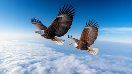 Obraz premium Majestic eagles gracefully soaring through a clear blue sky above fluffy clouds during a sunny day