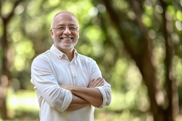 Fototapeta premium Smiling senior businessman in casual white shirt poses confidently outdoors amidst lush greenery