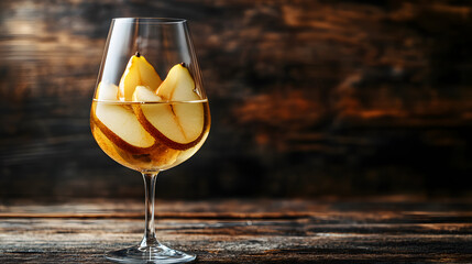 A wide wine glass with creamy white dessert wine topped with caramelized pear slices and served on a dark wooden table.