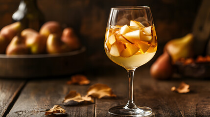 A wide wine glass with creamy white dessert wine topped with caramelized pear slices and served on a dark wooden table.