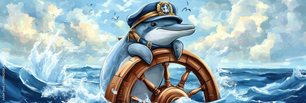 Poster Dolphin dressed as a ship captain steering a ships wheel in a vibrant ocean setting with a clear sky. Generative AI