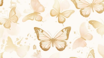 Golden butterflies flying, white background, watercolor splatters, design texture