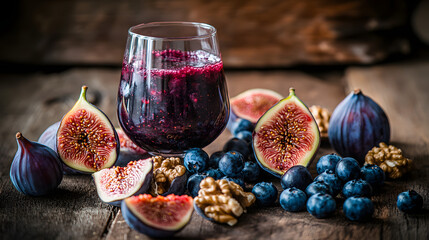 A wine glass filled with a deep red blend surrounded by figs blueberries and walnuts on a rustic wooden table.