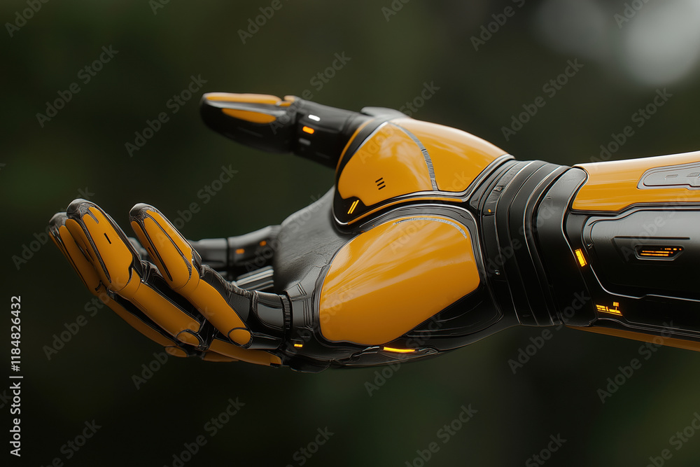 Poster robotic hand with intricate design showcasing advanced technology in a natural setting