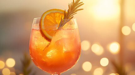 A wine glass filled with bright orange Aperol spritz garnished with a slice of orange and a sprig of rosemary glowing under soft sunlight.