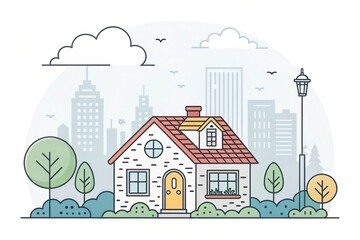 Naklejka premium cute house doodle art illustration with city landscape background