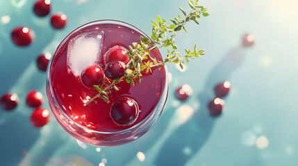 A wine glass filled with chilled cranberry juice spritzer garnished with a fresh sprig of thyme and cranberry skewers on a sleek glass table.