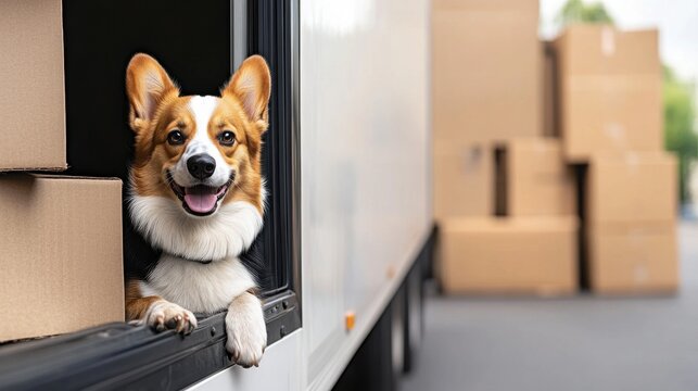 House moving with pet. Happy dog peeking out of a moving truck surrounded by cardboard boxes.