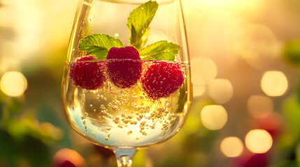 A wine glass filled with sparkling white wine topped with fresh raspberries and mint leaves reflecting golden light.