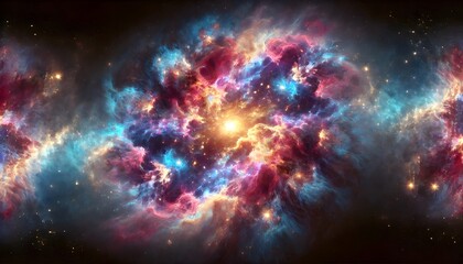 Сosmic nebula in a universe scene, with swirling vibrant deep blues, purples, magentas, and golden hues. Abstract galaxy background