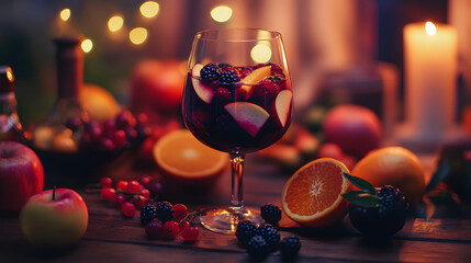 A wine glass holding a deep purple sangria with mixed fruits like apples oranges and berries on a wooden table with a summer vibe.