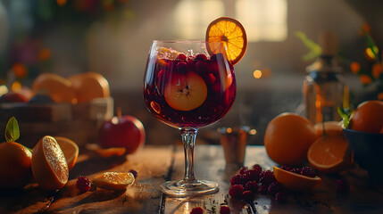 A wine glass holding a deep purple sangria with mixed fruits like apples oranges and berries on a wooden table with a summer vibe.